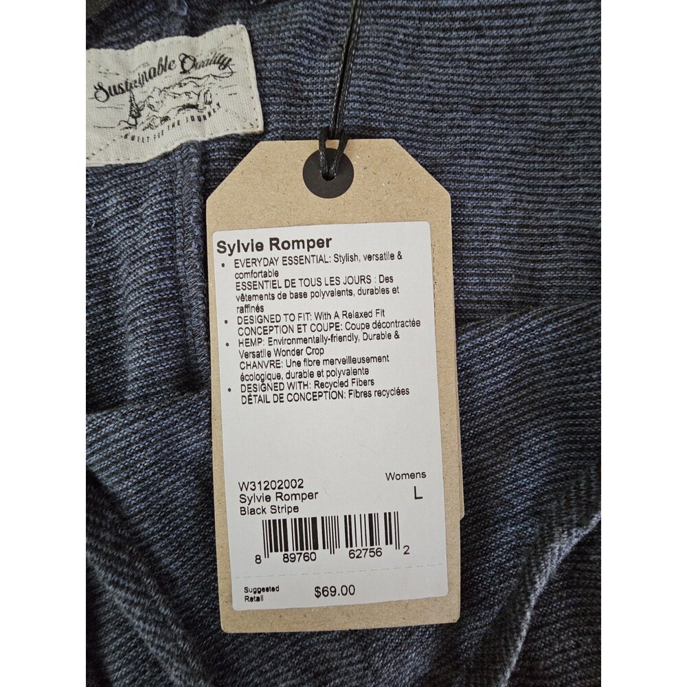 prAna Sylvie Romper NWT Size LARGE Sustainable Hemp Boho Black Stripe Blue - Picture 4 of 5
